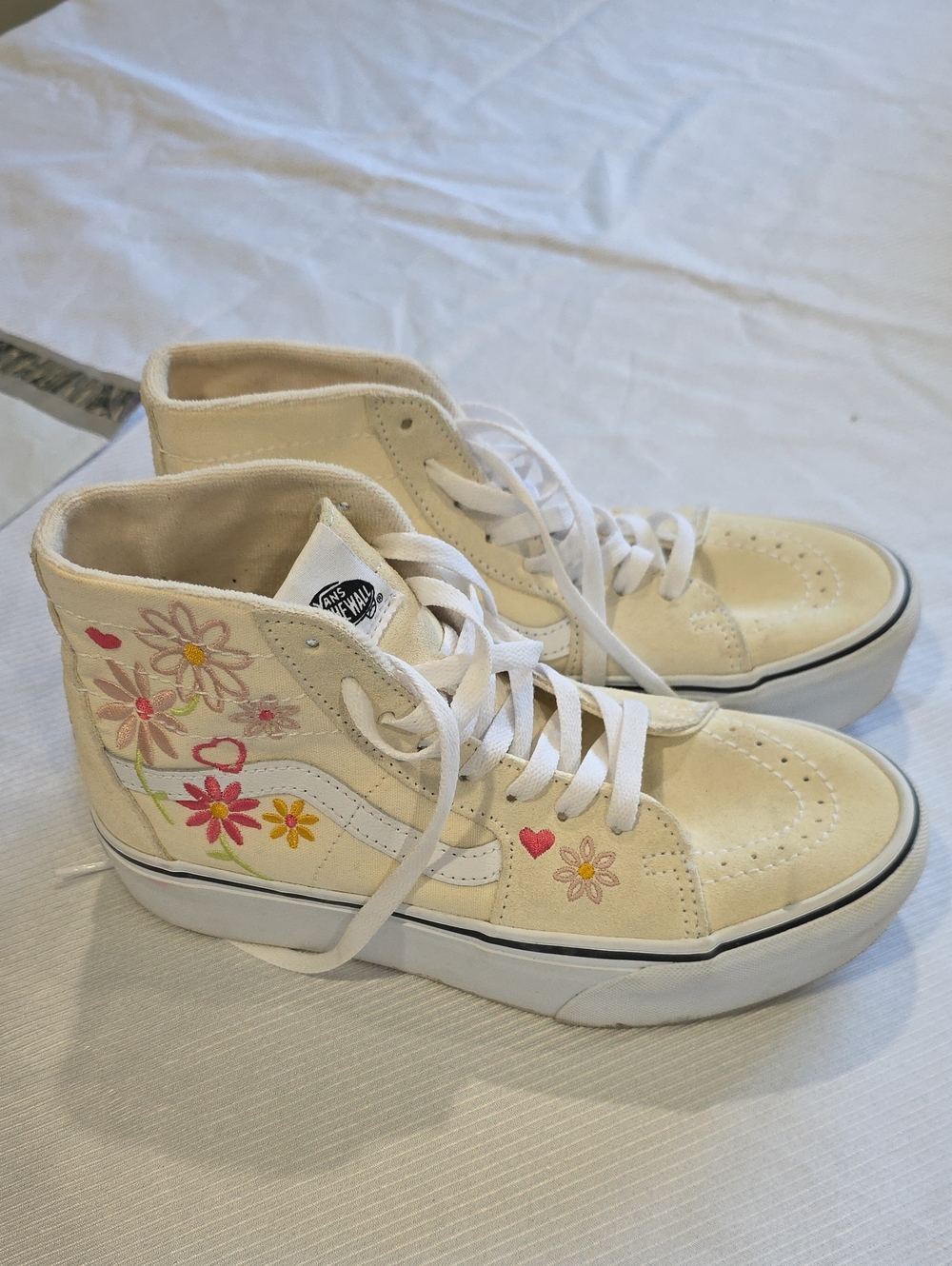 Vans Cream High-Top Sneakers with Pink & Yellow Floral Embroidery